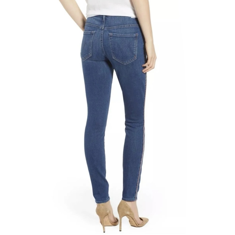 MOTHER HIGH WAISTED LOOKER WHAT I HAD BEFORE I HAD YOU PINK LEG STRIPE BLUE JEAN - Picture 11 of 12